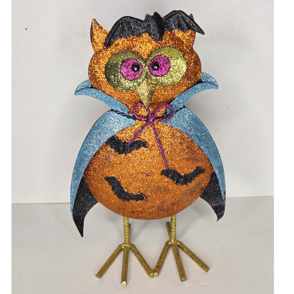 Halloween Vampire Owl Metal Glitter Tabletop Figurine Blue Cape Bat Decor 11.5in